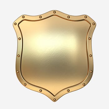 Golden shield 3D rendering illustration isolated on white background