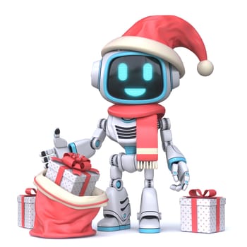 Cute blue robot with New Years gifts 3D rendering illustration isolated on white background