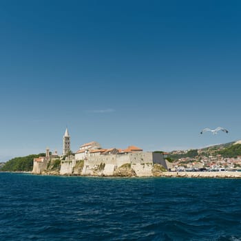 View of the old town of Rab in Croatia from the Adriatic Sea