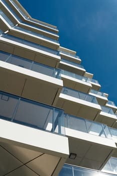 View upwards at a modern apartment building in Kolobrzeg in Poland