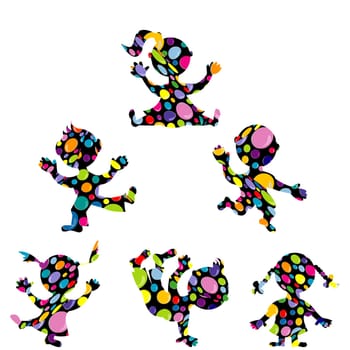 Doodle cartoon kids with colored dots pattern