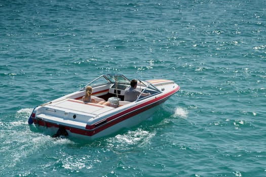 Motor boat on the Adriatic Sea near the town of Krk on the island of the same name in Croatia