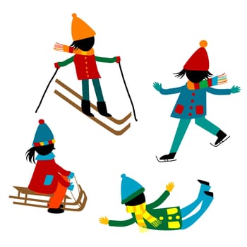 Cartoon kids playing in the winter