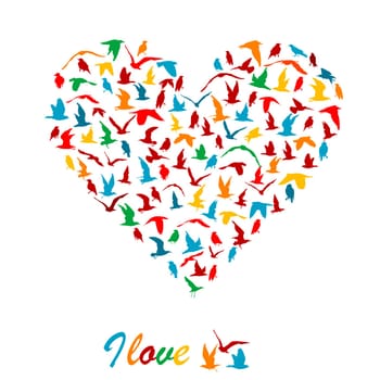 I love birds concept with birds silhouettes in shape of heart
