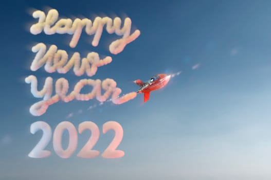 3d illustration. Happy New year 2022 . Concept. Cloud drawing by rocket in sky