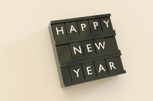 3d illustration. Happy New Year Text black Light Box on background . Copy Space For Message.