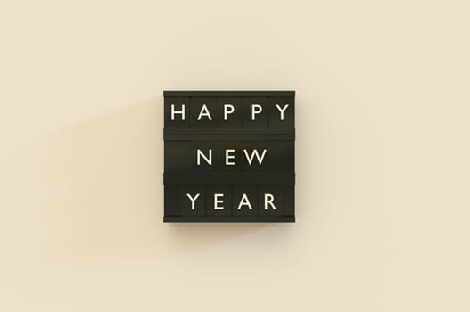 3d illustration. Happy New Year Text black Light Box on background . Copy Space For Message.