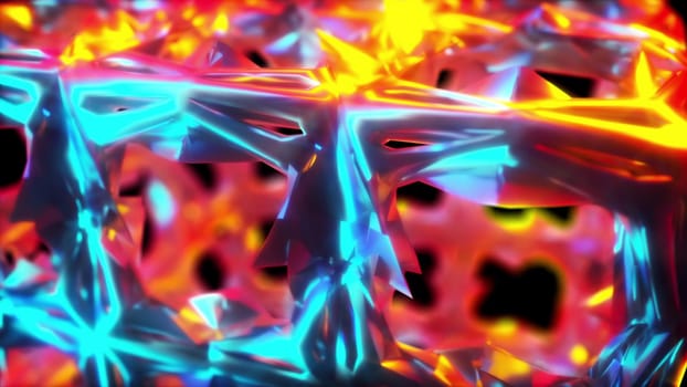 Sparkling 3d futurism render with bright deforming geometric lattice. Holographic textures of space cube covered with layer of broken glass growths. Ancient crystal polygon with magical energy.
