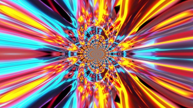 Round changing 3d render mosaic with circling bright flower and refraction ornaments. Psychedelic geometric crystals with futuristic decorative mandala symmetry drawing.