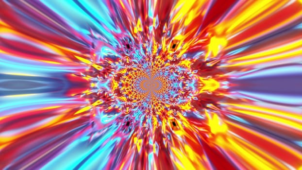 Round changing 3d render mosaic with circling bright flower and refraction ornaments. Psychedelic geometric crystals with futuristic decorative mandala symmetry drawing.