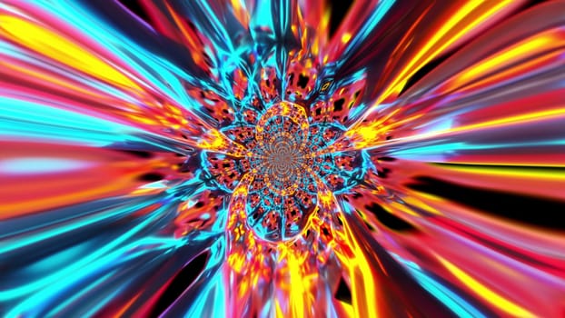 Round changing 3d render mosaic with circling bright flower and refraction ornaments. Psychedelic geometric crystals with futuristic decorative mandala symmetry drawing.