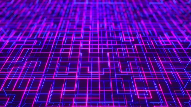Geometric curved lines in 3d render of abstract web corridors. Futuristic electronic board with passing electric waves and endless power circuits. Cyber communication virtual corridors.