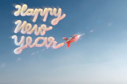 3d illustration. Happy New year . Concept cloud drawing by rocket in sky