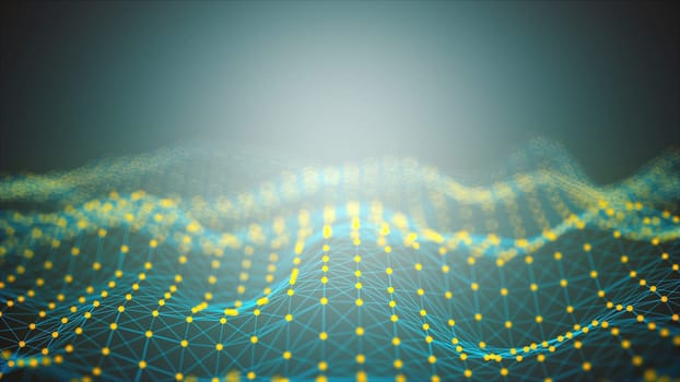 Waves of digital analysis of data sets with 3d render visualization. Futuristic observation of fluctuations in web research and experimentation. Financial forecasting of exchange flows.