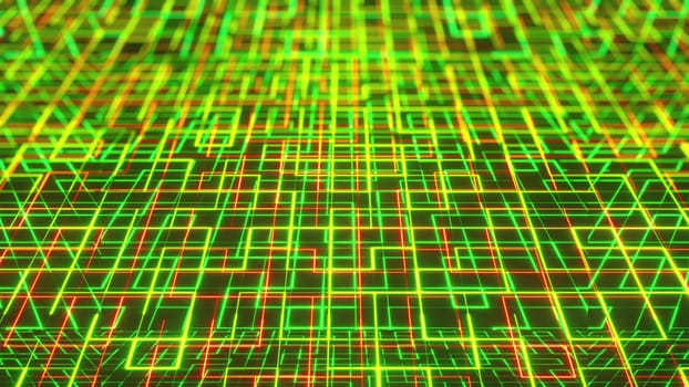 Geometric curved lines in 3d render of abstract web corridors. Futuristic electronic board with passing electric waves and endless power circuits. Cyber communication virtual corridors.