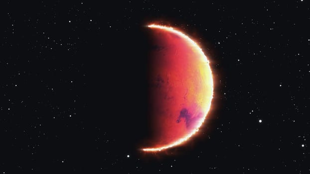 Spherical planet in cosmic 3d render of darkness with burning solar side. Star travels through galaxy and system. New research on astronomical phenomena and colorful fantastic presentation.