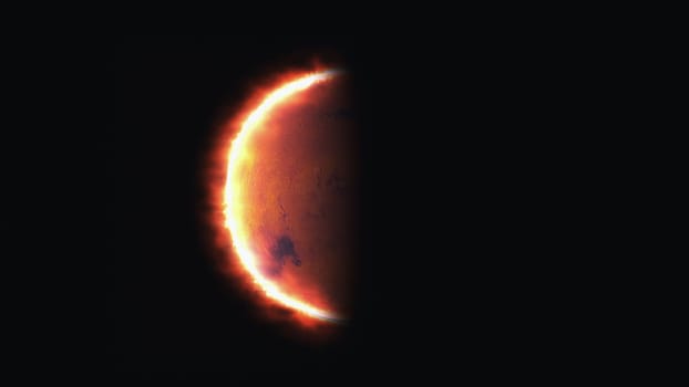 Spherical planet in cosmic 3d render of darkness with burning solar side. Star travels through galaxy and system. New research on astronomical phenomena and colorful fantastic presentation.