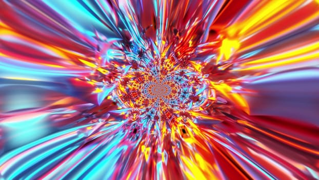 Round changing 3d render mosaic with circling bright flower and refraction ornaments. Psychedelic geometric crystals with futuristic decorative mandala symmetry drawing.