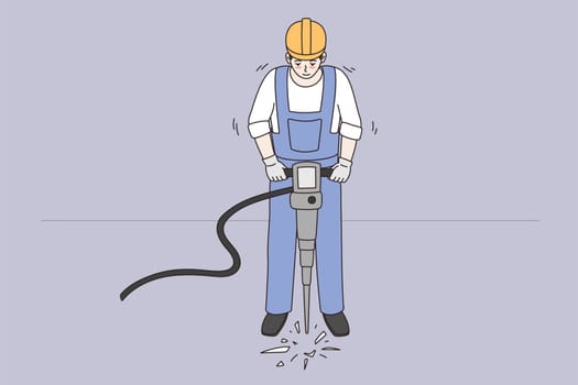 Construction works and industry concept. Man worker wearing helmet and blue uniform standing drilling ground with special machine vector illustration