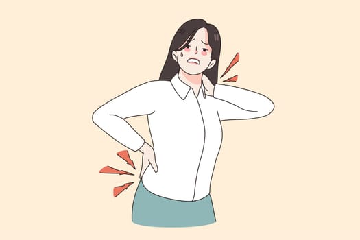 Body pain and injury concept. Stressed woman office worker standing suffering from neck and back pain touching body vector illustration