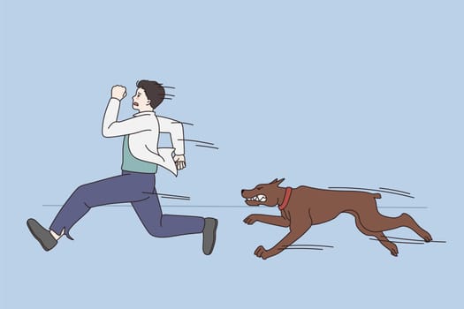Feeling scared and afraid of dogs concept. Young stressed afraid man running from brown dog outdoors feeling scared and panic vector illustration