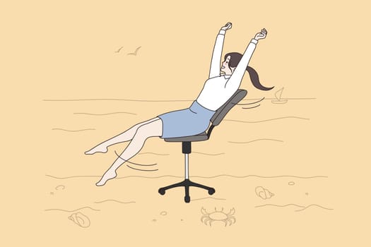Dreaming of weekend and vacations concept. Young smiling positive office worker woman barefoot sitting in office dreaming of being traveling to seaside vector illustration