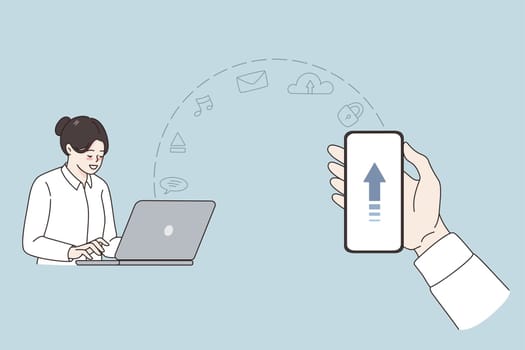 Downloading and information clouds concept. Hands of businessman holding smartphone with downloading information and woman sitting at laptop and searching for music letters vector illustration