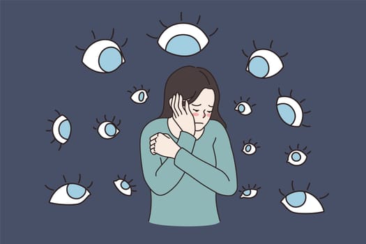 Suffering from evil eyes concept. Sad depressed ashamed girl standing touching her face feeling influence and public attitude and opinion vector illustration