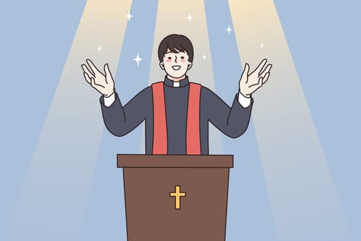 Religion, christianity and spirituality concept. Young man priest standing and blessing people in religious gesture praying to god for better spiritual vector illustration