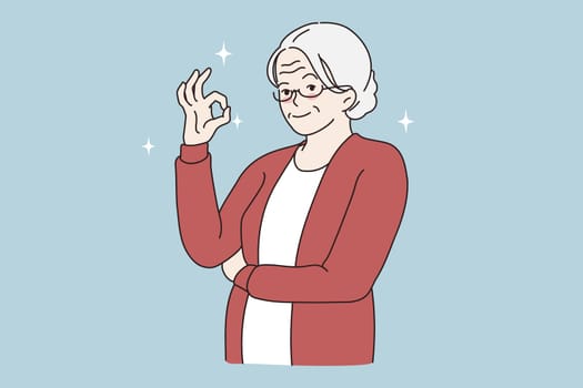 Ok good sign gesture concept. Smiling elderly mature grey haired woman standing showing ok sign with fingers on hand looking at camera vector illustration
