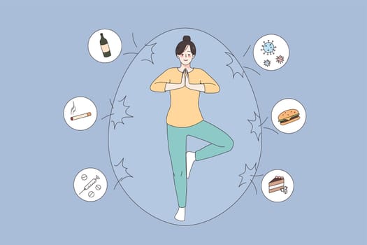 Keeping balance and healthy lifestyle concept. Young smiling woman with healthy life balancing making yoga position in egg shell with fast foods and bad habits outside vector illustration