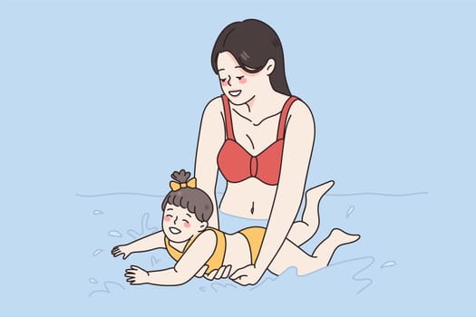 Learning to swim and happy parenthood concept. Smiling young woman mother in swimwear standing holding teaching small daughter to swim vector illustration