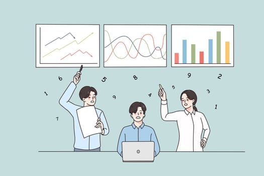 Marketing presentation and development concept. Young positive colleagues making strategy development data presentation feeling cheerful as team illustration