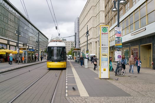 Stop of a tram near Alexanderplatz in the center of Berlin