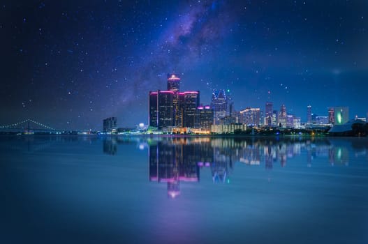 Detroit, Michigan skyline at night shot from Windsor, Ontario, USA
