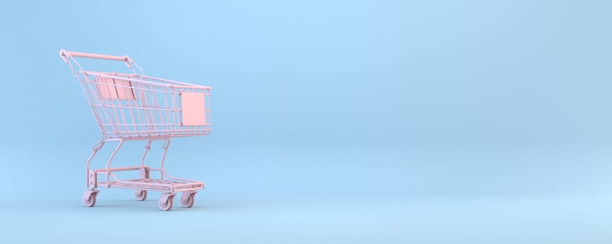 Pink shopping cart 3D rendering illustration isolated on blue background