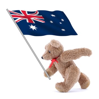 An Australia flag being carried by a cute teddy bear