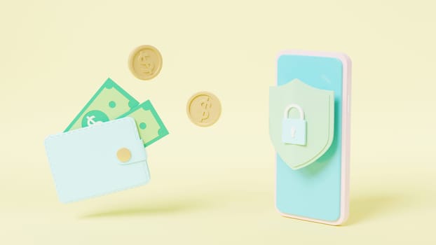 Security financial savings online payment protection on smartphone online transaction banking, Money transfer from wallet into mobile phone with Secure bank, Isometric 3D rendering illustration