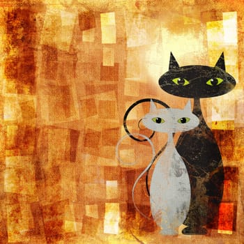 Black and white cat on orange grunge canvas