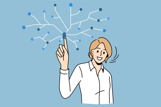 Touch finger identification and safety concept. Young smiling woman standing pushing finger on screen for identification and access to personal page vector illustration