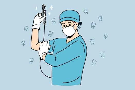 Stomatology dentist and tooth care concept. Man doctor dentist in blue working uniform and medical mask standing holding tool for curing cavity before work vector illustration