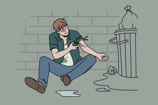 Drug addict and narcomaniac concept. Young man drug addict sitting on floor putting syringe with heroin into vein for pleasure vector illustration