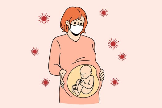 Pregnant woman and coronavirus infection concept. Young woman pregnant with baby inside standing wearing medical protective mask with bacterias flying around vector illustration