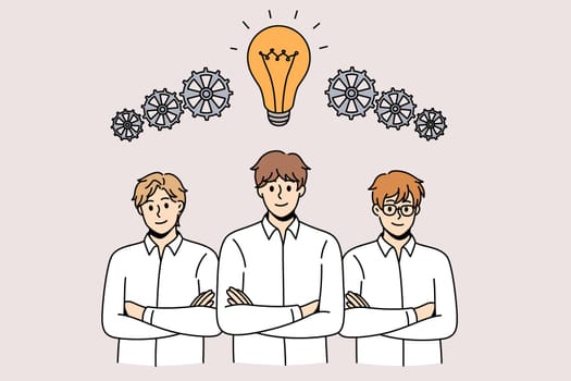 Teamwork Motivation and brainstorm concept. Group of Smiling man and woman colleagues generate business idea for development and strategy Vector illustration.