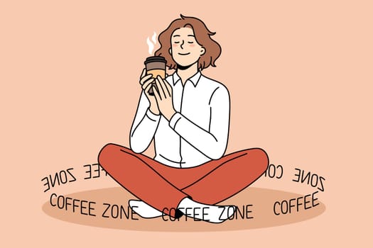 Coffee lover and zone concept. Smiling positive girl sitting holding enjoying cup of fresh brewed coffee drink in hands with lettering around vector illustration