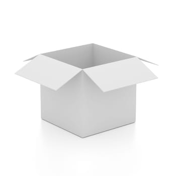 Blank open box on white background. Photo realistic illustration.