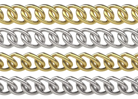 Seamless golden and silver curb chains isolated on white