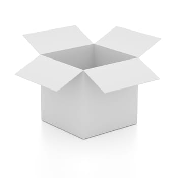 Blank open box on white background. Photo realistic illustration.