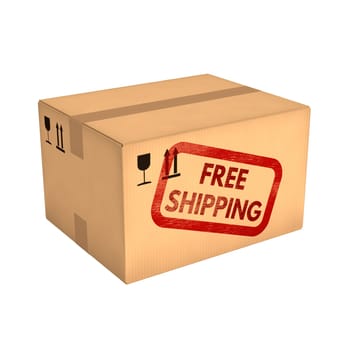Free shipping. Closed cardboard box isolated on white background. Retail, logistics, delivery and storage concept. Side view with perspective.