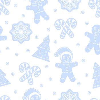 Christmas seamless pattern with gingerbread man cookies. Snow flake, Christmas Tree, candy cane. Graphic design element for packaging paper, prints, scrapbooking. Vector illustration